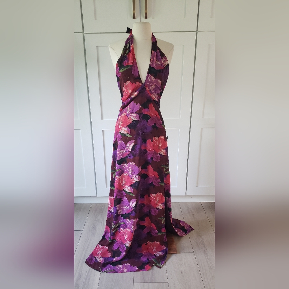 Lulus Halter Maxi Dress M Burgundy Floral Print Long Hippie Cottagecore Boho NWT
